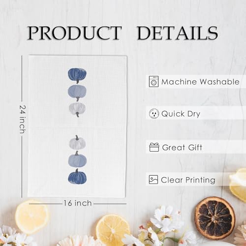 Blue Fall Pumpkin Decor Kitchen Towels and Dishcloths Set of 2, Blue Fall Bathroom Hand Towels, Thanksgiving Autumn Farmhouse Pumpkins Decorative Dish Tea Towels for Dorm Bedroom, 16×24 Inch