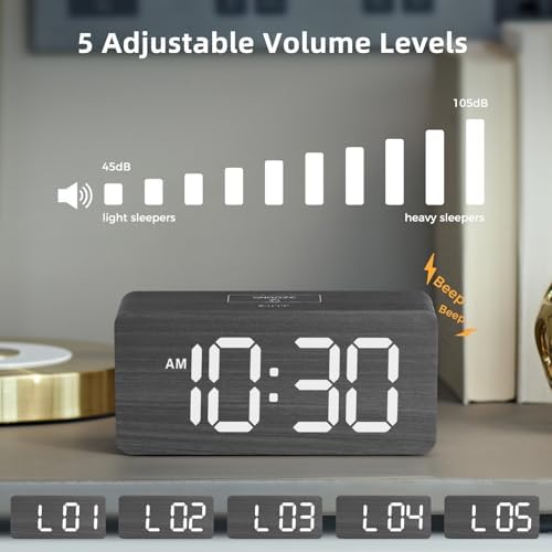 uscce Wooden Digital Alarm Clocks for Bedrooms with 0-100% Dimmable Display