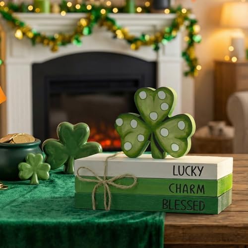 Smile St. Patrick's Day Wooden Decor Blocks LUCKY CHARM BLESSED Shamrock, Tabletop Shelf Wood Sign for Home Office Holiday Lucky Decoration