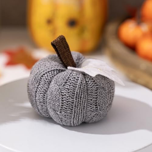 Kuriozud Faux Fall Harvest Crochet Pumpkins Small Knit Pumpkins Rustic Farmhouse Pumpkins Foam Pumpkins for Thanksgiving Halloween Autumn Mantel Table Décor (Grey, 9cmx9cmx6cm)