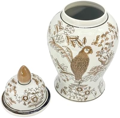 Galt International 14" Brown & White Floral Parrot Ceramic Porcelain Ginger Jar Floral Home Décor Jar Urn Shape Vase