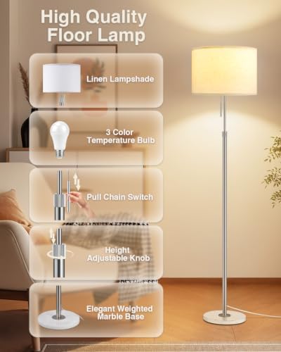 Ambimall Height Adjustable Modern Floor Lamp, Silver & White