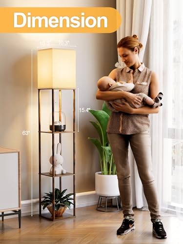 Floor Lamp with Shelves for Living Room Brown, Shelf Floor Lamp with 3 CCT LED Bulb, Corner Display Standing Column