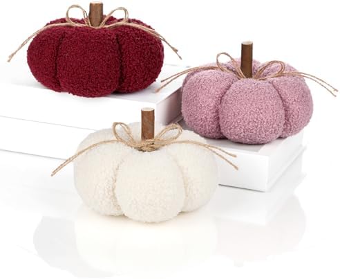 6" Fake Fall Pumpkin Decorations for Home, 3 Pcs Artificial Big Fabric Pumpkins Autumn Decor Faux Pumpkins for Decorating, Fall Table Centerpiece Baby Shower, Halloween Thanksgiving, Burgundy & Pink