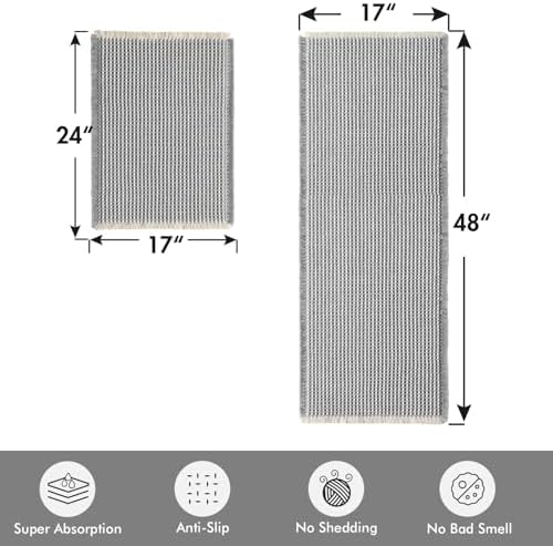 MIULEE Set of 2 Waffle Bathroom Rugs LightGrey&Cream 17"x24"+17"x48"