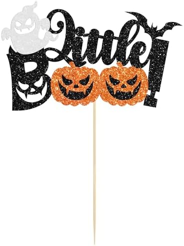 Gyufise 1Pc Little Boo Halloween Cake Topper Black Glitter Pumpkin Ghost