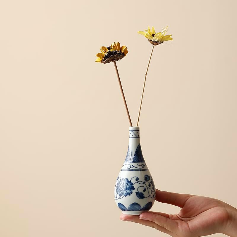 Vintage Chinoiserie Ceramic Small Flower Vase / Blue / Set of 7