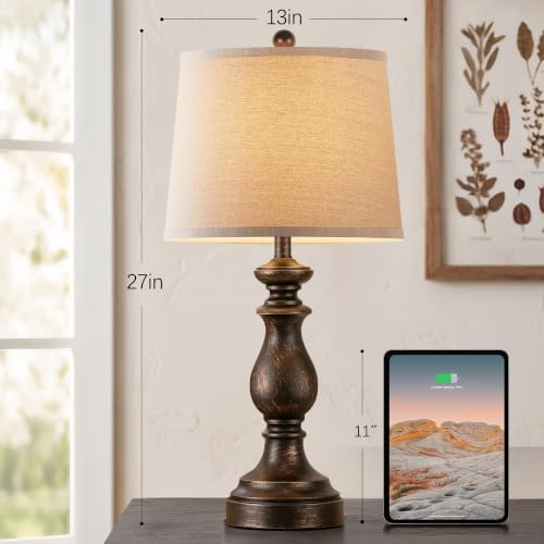 PARTPHONER Traditional Table Lamp Set of 2, Rustic Farmhouse Table Lamps for Living Room Bedroom, 27" Bedside Desk