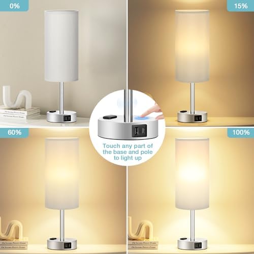 Fenmzee Grey Bedside Lamp for Bedroom, Dimmable Touch, USB A+C, AC Outlet