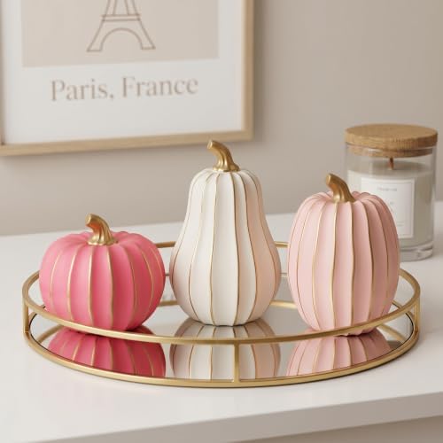 White Pink and Gold Pumpkin Decor, 3Pcs Resin Pumpkin Figurines Fall Decor