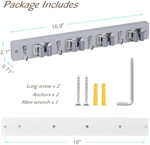 OUTNILI Gray Mop Broom Holder Wall Mount with 4 Slots & 4 Hooks - Wood Broom Mop Hanger for Pantry Closet Laundry Room