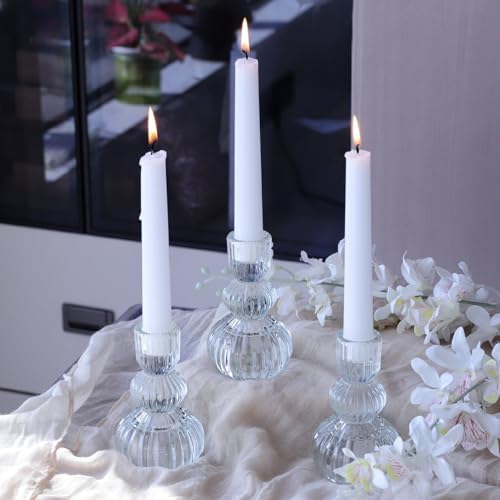 Woho 3pcs Clear Taper Candle Holders 4.3" H, Ribbed Candlestick Holders