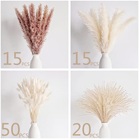 Natural Dried Pampas Grass Decor, 100 PCS Pampas Grass Contains White Bunny Tails Dried Flowers, Reed Grass Bouquet for