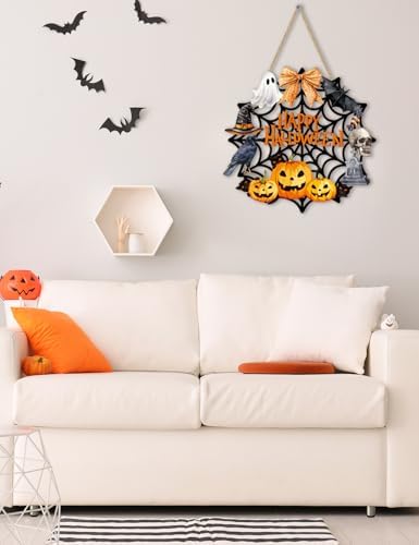 Halloween Wreaths for Front Door Welcome Sign Happy Halloween Wall Decorations Wooden Spider Web Ghost Black Cat Pumpkin Hanging Wall Decor Indoor Holiday Decor