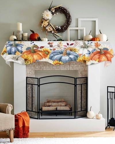 Fall Mantel Scarf for Fireplace, Orange Blue Pumpkin Sunflower Wood Grain Fireplace Cover Decorations Indoor Thanksgiving Mantel Top Scarf Runner for Seasonal Autumn Holiday Party, 17 x 90 Inch