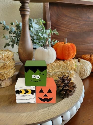 Halloween Wooden Table Sign - 4 Pcs Mummy Wooden Blocks Pumpkin Centerpieces for Table - Halloween Tiered Tray Decor for Home Decorations Indoor
