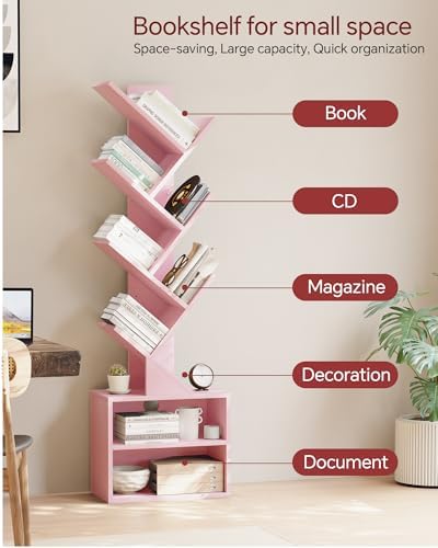 SUNMORY 6 Tier Tree Bookshelf, Tall Small Bookcase with Storage Cabinet