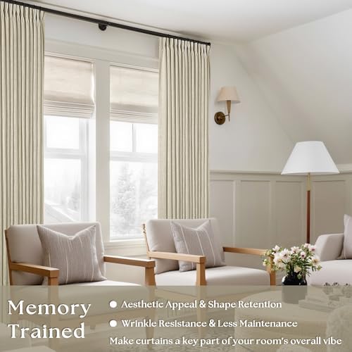 TWODRAPES Beige Pinch Pleated Linen Curtains 112 Inches Long 2 Panels