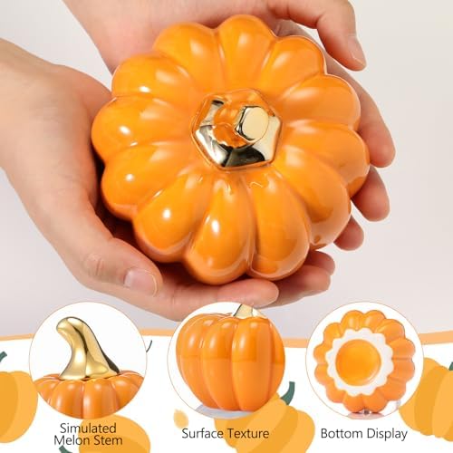 Qinyoung 2 Pcs Fall Ceramic Pumpkins for Home Decor Gold Stem, Orange