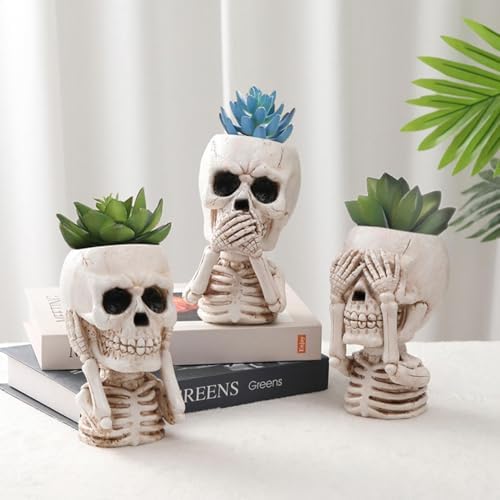 JOYO Halloween Planter Pot Decor - Skeleton Flower Planter Pot,Pumpkin Bucket Vase,Cute Skull Bucket Vase,Skull Candy Bowl Gothic Ornaments for Home Indoor Outdoor Garden (01 Cute Skull)