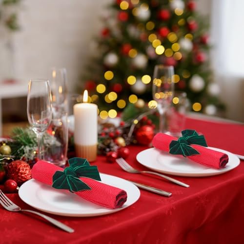 KPOSIYA Christmas Napkin Rings Set of 8, Green Velvet Bow Napkin Holders