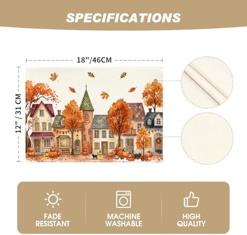 Artoid Mode Pumpkin House Tree Fall Placemats Set of 4-12 x 18 Inch