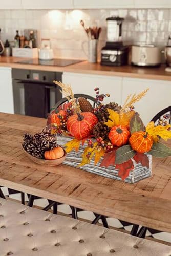 DILATATA Fall Decor Autumn Harvest Pumpkins Centerpiece - Artificial Maple Leaves, Berries and Pinecones Arrangement in Rectangle Wooden Box for Thanksgiving Party Mantel Fall Decor