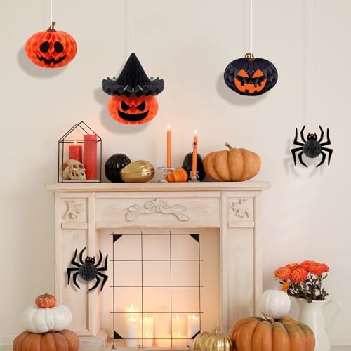 Konsait Halloween Hanging Decorations - 5 Pack Paper 3D Spider Pumpkin Decor with Facial Expressions Stickers for Indoor Outdoor Halloween Decorations