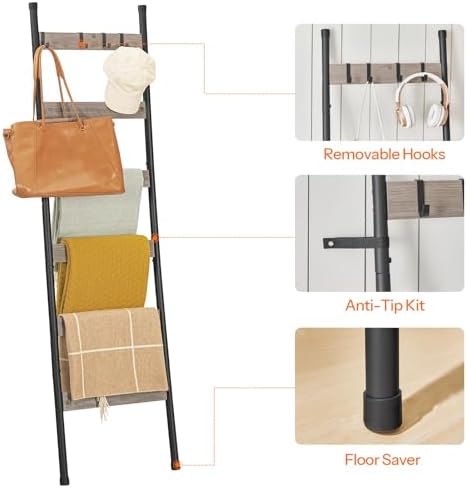 HOOBRO Blanket Ladder, 6-Tier Towel Rack with Hooks, Wall-Leaning Blanket Rack, Decorative Display Ladder Shelf