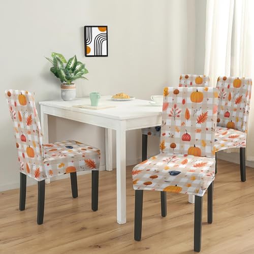 4 Pcs Fall Dining Chair Covers, Autumn Pumpkin Maple Leaves Buffalo Check Stretch Removable Washable Seat Slipcovers, Thanksgiving Kitchen Dining Room Hotel Decor