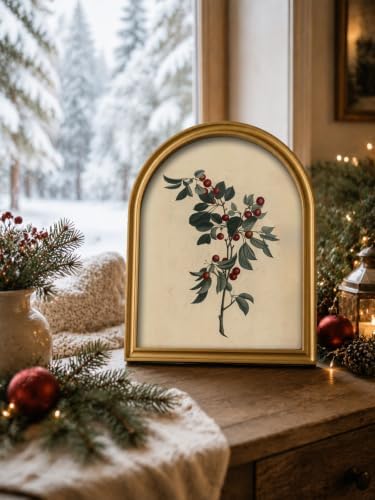 TwoDays Vintage Christmas Berries 11" x 13.8" Gold Arched Framed Wall Art