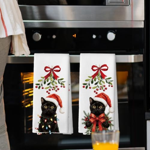 Funny Christmas Black Cat Kitchen Towels Gifts for Women Set of 2