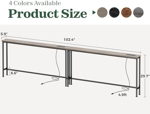 SUPERJARE 102.4 inch Narrow Behind Couch Table with Charging Stations