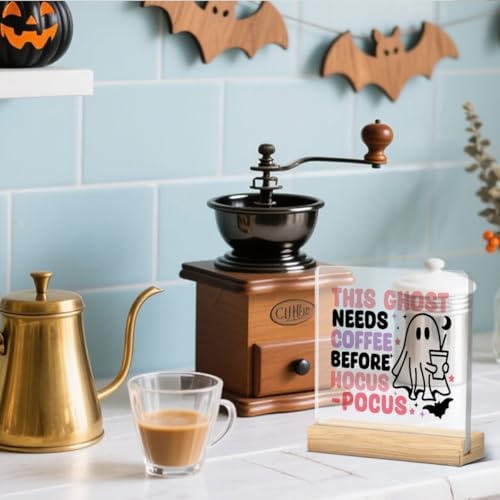 Cute Hocus Pocus Sign Halloween Coffee Bar Decor Ghost Acrylic Sign Decorations for Home Office Desk Kitchen Coffee Station Table Desk Decor Gifts for Halloween Women