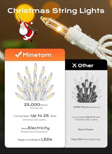 Minetom LED Clear White Christmas String Lights, 200 Count 40 Feet LED Christmas Lights Bulb, Christmas Decorations Indoor, Christma Tree Lights for Indoor Outdoor Xmas Wedding Party Festival