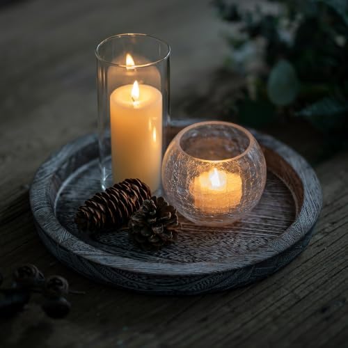 Hanobe Round Wood Candle Holder Tray, Rustic Coffee Table Centerpiece Decor