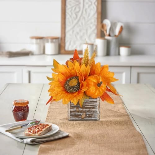 DILATATA Fall Decor Autumn Harvest Pumpkins Centerpiece - Artificial Sunflowers and Maple Leaves Arrangement in Wooden Box for Thanksgiving Party Mantel Fall Decor