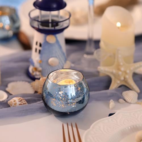 Volens Round Blue Votive Candle Holder Set of 12, Mercury Glass Votives