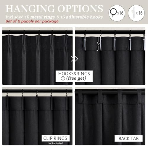 Pinch Pleated Black Sheer 96 Inch Curtains for Bedroom, Neutral Thick Linen Blend Pleat Light Filtering Sliding Door