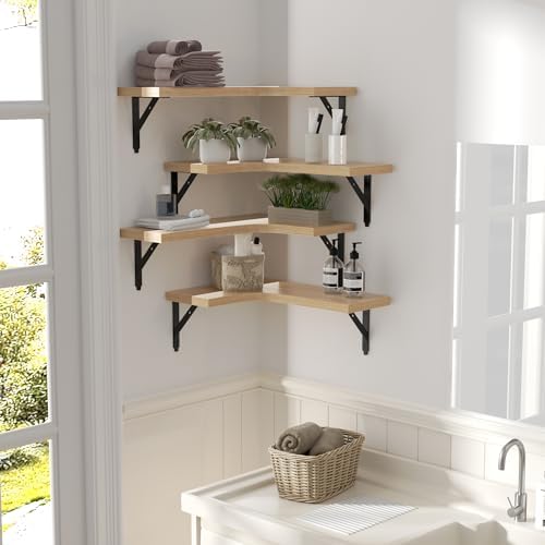ROMGUAR CRAFT Corner Floating Shelves Wall Mounted Set of 4, Natural