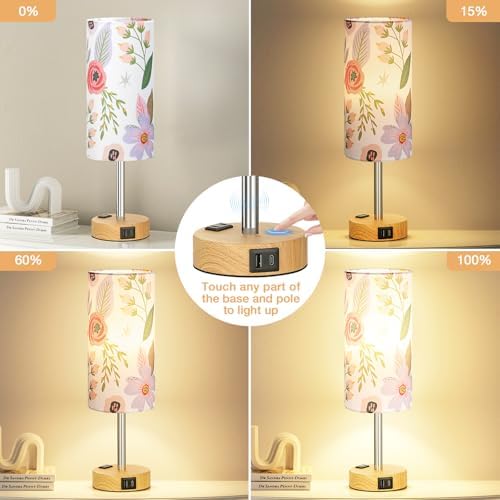 Fenmzee Floral Bedside Lamp for Bedroom, Dimmable Touch, USB A+C, AC Outlet