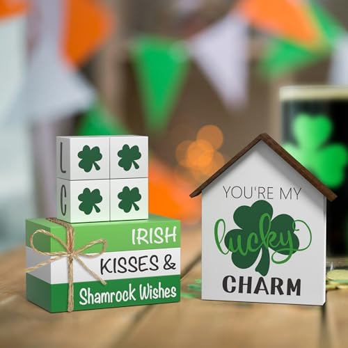 St. Patrick's Day Decorations Shamrock Faux Books, 8 Pcs St. Patricks Day Tiered Tray Decor Book Stack Lucky Wooden Signs, Farmhouse Rustic Wooden Decor for Home Kitchen Table