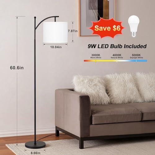 Ambimall 60" Floor Lamp with 3 Color Temperatures, Adjustable White Shade, Black Pole - Tall Lamp for Living Room
