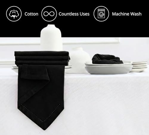 PurpleEssences Hemstitch Cloth Napkins 18x18 in Set of 12 - Black