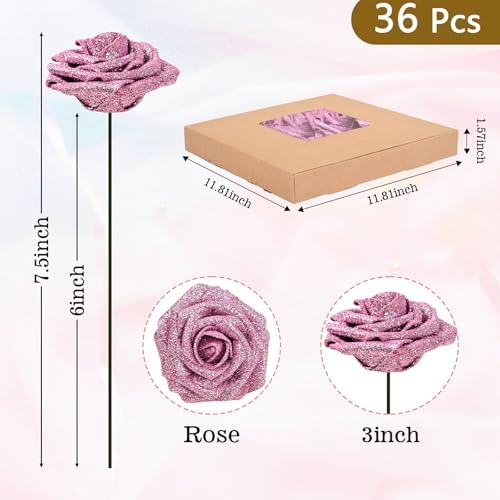 BLEUM CADE 36Pcs Artificial Flowers Glitter Roses with Stems for Wedding