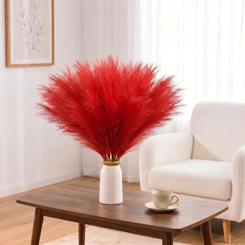 obbsie 50PCS Red Faux Pampas Grass Decor, 21.6" Fluffy Vase Filler