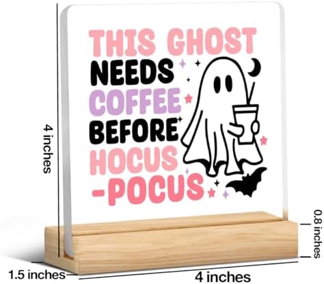 Cute Hocus Pocus Sign Halloween Coffee Bar Decor Ghost Acrylic Sign Decorations for Home Office Desk Kitchen Coffee Station Table Desk Decor Gifts for Halloween Women