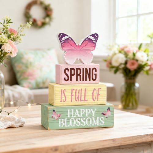 Spring Decoration Wooden Tiered Tray Decor – Butterfly Spring Stacked Block Sign with Floral Accents – Farmhouse Tabletop Spring Decor for Shelf Mantel Seasonal Home Display