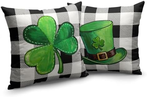 Green Shamrock Hat St Patricks Day Throw Pillow Covers 22x22 Set of 2 Buffalo Plaid Lucky Clovers Decorative Pillowcases St Patrick Outdoor Spring Cushion Covers for Couch Sofa Porch Decor