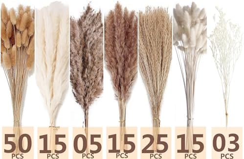 Dried Pampas Grass Decor, 128PCS Pampas Grass with Bunny Tails Dried Flowers, Reed Grass Bouquet for Wedding, Boho